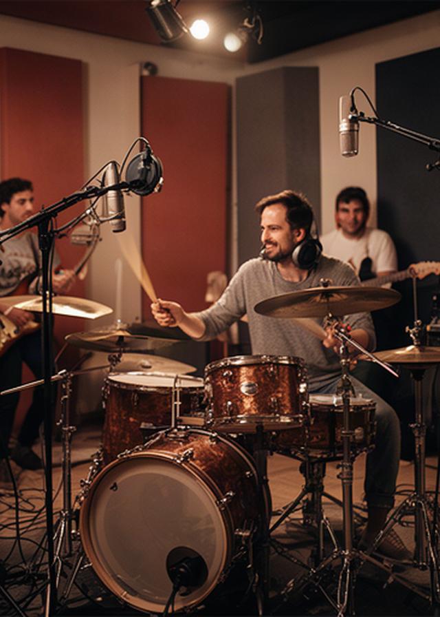 Banda valenciana grabando batería en una sala acústica del estudio de Picanya