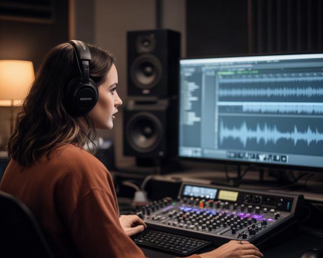 Técnica de sonido editando diálogos de un cortometraje en una sala de postproducción