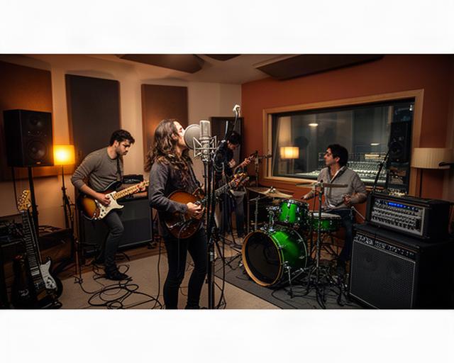 Banda de rock grabando instrumentos en una sala acústica del estudio